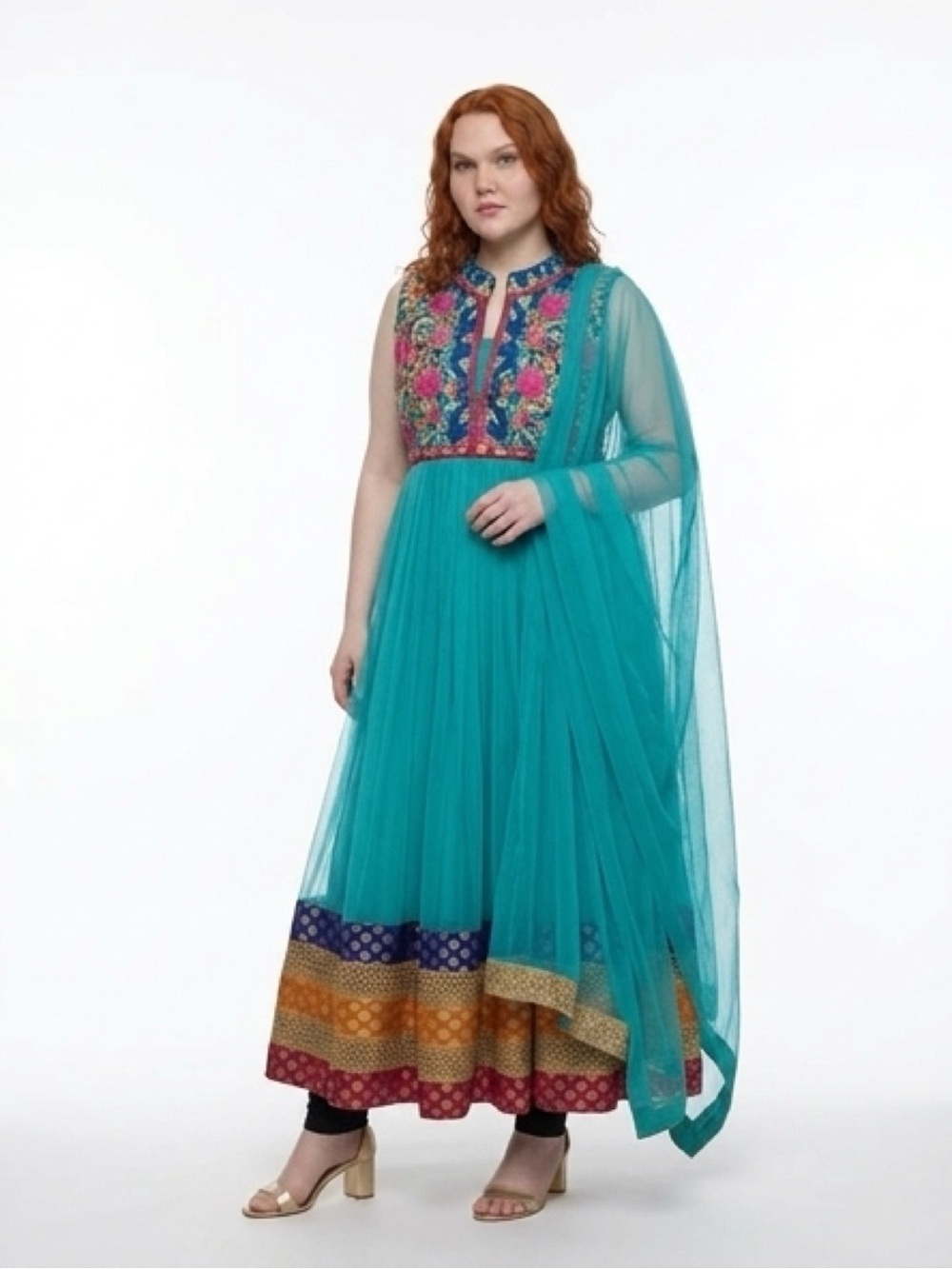 Elegant Blue Dress with Colorful Embroidery